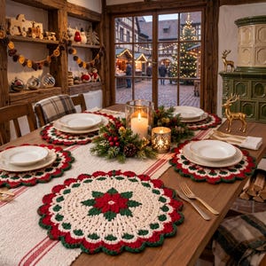 Christmas Crochet Placemat Pattern, Poinsettia Floral Design (PDF)