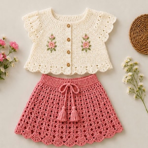May include: A cream-colored crochet top and a pink crochet skirt set. The top has a scalloped edge, short sleeves, and floral embroidery. The skirt features a drawstring waist with tassels. The set is designed for children.