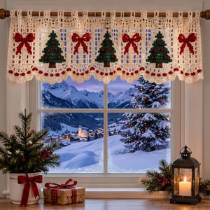 May include: A cream-colored crocheted window valance featuring a repeating pattern of three dark green Christmas trees with red ornaments and four bright red bows. The bottom edge has a scalloped design with small red accents hanging from the trim.