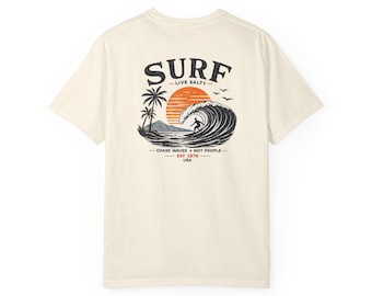 Surf Wave Sunset graphic T-Shirt | Surfing Palm Tree Tee