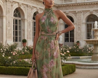 Boho Green Floral Halter Maxi Dress | Backless Chiffon Summer Gown | Elegant Wedding Guest & Vacation Flowy Dress