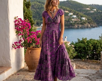Gelaagde maxi-jurk met boho-print | V-hals | Korte mouw | Soepelvallende zomerjurk met hoge taille in grote maten