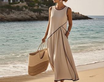 Linen Summer Dress | Loose Fit Round Neck Summer Dress | Flowy Beach Vacation Dress | Casual Long Dress for Women