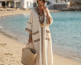 longue robe caftan bohème pour femme | Robe de plage fluide à col en V | Robe de villégiature d'été ample