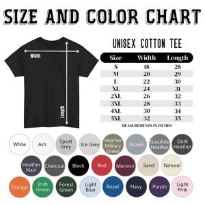 May include: Black unisex cotton tee with size and colour chart. The chart lists sizes S to 5XL, with measurements in inches. Colour options include white, black, red, and more. The text "SIZE AND COLOUR CHART" is at the top.