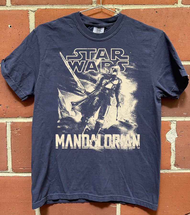 Pu&ograve; includere: T-shirt blu navy con una grafica del Mandaloriano di Star Wars. Il logo di Star Wars &egrave; sopra l'immagine e la parola "MANDALORIAN" &egrave; sotto. La maglietta &egrave; appesa a una gruccia di metallo contro un muro di mattoni.