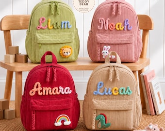 Personalized Kids Backpack with Name, Custom Corduroy Toddler Bag, Embroidered Preschool Daycare Backpack, Back to School Kindergarten Gift