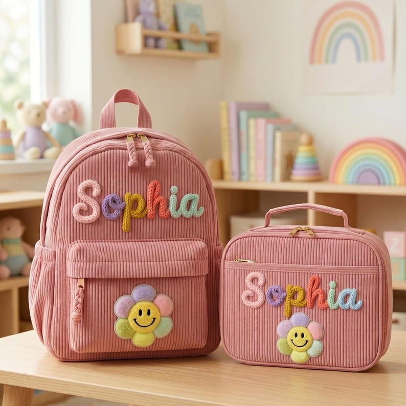 Op de afbeelding: Een rugzak en bijpassende lunchtas van oudroze corduroy. Beide items zijn voorzien van de naam Sophia in meerkleurige, textuurrijke, verhoogde letters en een pastelkleurige bloemenpatch met een lachend gezicht onder de naam.