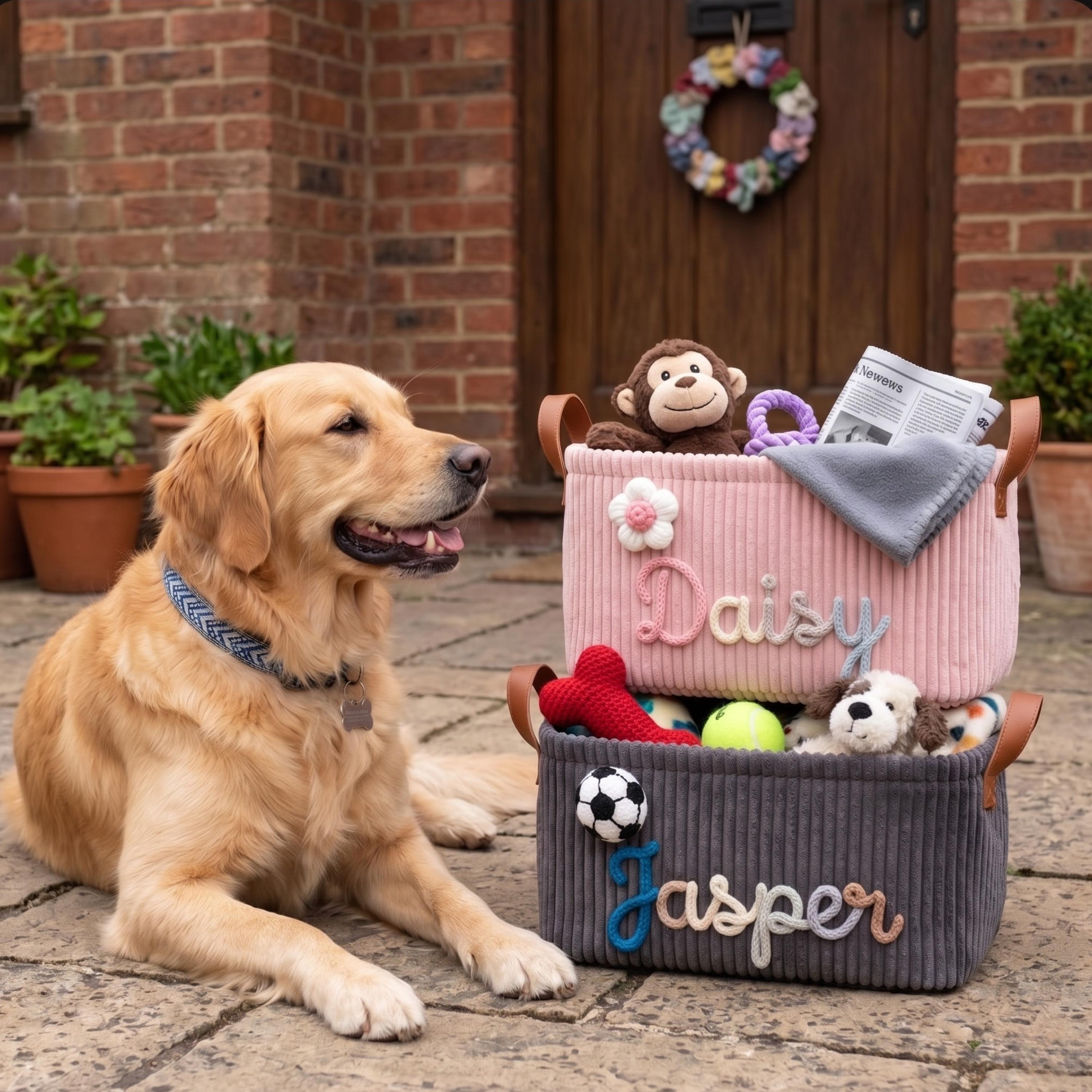 Hundespielzeug-Korb – Aufbewahrungsbox Mit Oberem Fach & 6 Haken, 60x28,5x24,6 Cm, Für Spielzeug, Zubehör