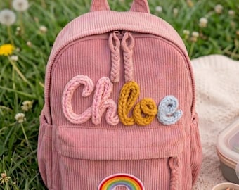 Roze peuterrugzak met naam, gepersonaliseerde corduroy kleuterrugzak, op maat geborduurde rugzak voor de kinderopvang, cadeau voor meisjes voor de eerste schooldag