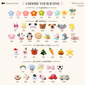 Op de afbeelding: Een selectiekaart met de titel CHOOSE YOUR ICONS toont rijen kleine geborduurde patches, onderverdeeld in de categorie&euml;n FLOWERS, ANIMALS, FESTIVE & FUN en CUTE & DREAMY. Elk icoon is voorzien van een code zoals F1, A1 of S1 met diverse ontwerpen.