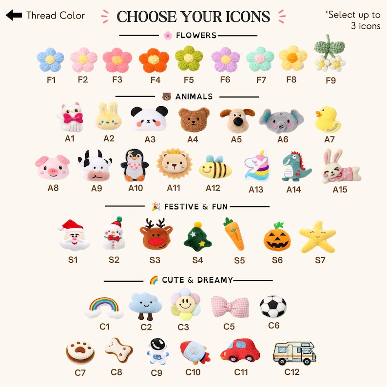 Op de afbeelding: Een selectiekaart met de titel CHOOSE YOUR ICONS toont rijen kleine geborduurde patches, onderverdeeld in de categorie&euml;n FLOWERS, ANIMALS, FESTIVE & FUN en CUTE & DREAMY. Elk icoon is voorzien van een code zoals F1, A1 of S1 met diverse ontwerpen.