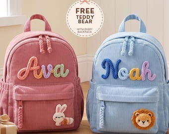 Blauwe kinderrugzak met persoonlijke naam, corduroy tas voor peuters en kleuters, cadeau voor de crèche, schooltas voor jongens