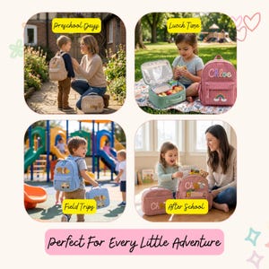 Op de afbeelding: Een collectie gepersonaliseerde rugzakken en lunchtassen in diverse kleuren, waaronder beige, roze en blauw. Elk item is voorzien van geborduurde namen zoals Henry, Chloe en Milo, samen met decoratieve patches zoals regenbogen en voertuigen.