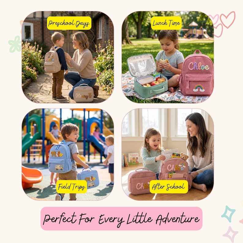 Op de afbeelding: Een collectie gepersonaliseerde rugzakken en lunchtassen in diverse kleuren, waaronder beige, roze en blauw. Elk item is voorzien van geborduurde namen zoals Henry, Chloe en Milo, samen met decoratieve patches zoals regenbogen en voertuigen.