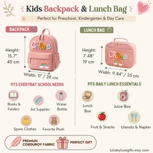 Op de afbeelding: Een roze corduroy rugzak en lunchtas set met de naam Chloe en een regenboog patch. De rugzak is 40 cm hoog en 28 cm breed. De lunchtas is 19 cm hoog en 25 cm breed. Beide items zijn voorzien van ritssluitingen en gemaakt van corduroy stof.