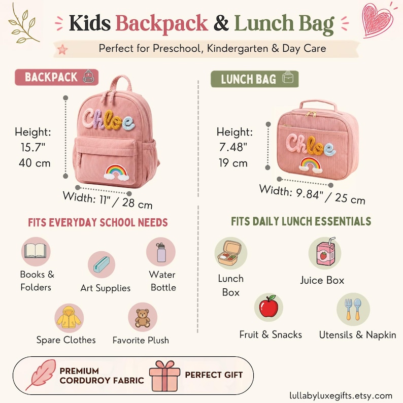 Op de afbeelding: Een roze corduroy rugzak en lunchtas set met de naam Chloe en een regenboog patch. De rugzak is 40 cm hoog en 28 cm breed. De lunchtas is 19 cm hoog en 25 cm breed. Beide items zijn voorzien van ritssluitingen en gemaakt van corduroy stof.