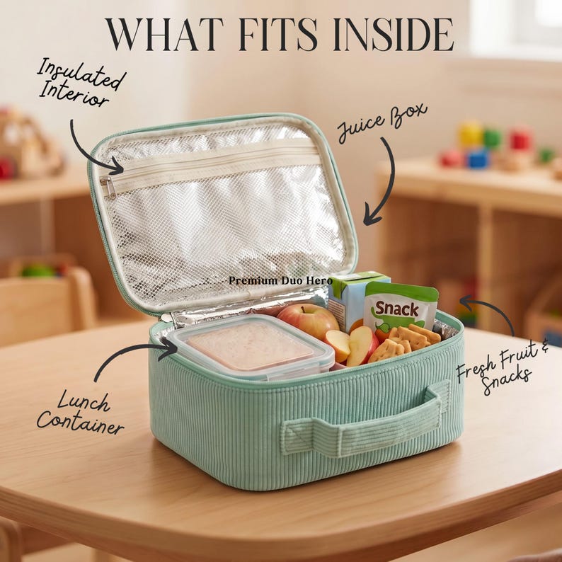Op de afbeelding: Een lichtgroene corduroy lunchtas met een ge&iuml;soleerde zilveren binnenkant, gelabeld Premium Duo Hero. De open tas bevat een vierkante lunchcontainer, een sapverpakking, een appel en snacks, met de tekst WHAT FITS INSIDE.