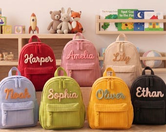 Op maat geborduurde corduroy rugzak, gepersonaliseerde peutertas voor de kleuterschool