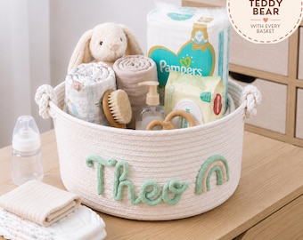 Gepersonaliseerde babymand van katoenen touw, speelgoedorganizer voor de kinderkamer, opbergbak met naam naar keuze