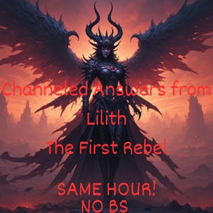 May include: Digital art featuring a dark figure with large wings and horns against a fiery red and orange background. Text includes "Channeled Answers from Lilith The First Rebel SAME HOUR! NO BS No sugarcoating!"