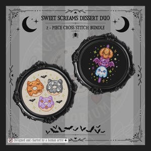 May include: Two round black ornate frames containing cross stitch patterns titled Sweet Screams Dessert Duo. One frame features three cat-shaped donuts on cream fabric. The other frame displays a pumpkin, bat, and ghost on black fabric.