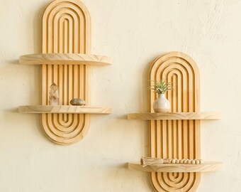 Estantería de pared de madera estilo bohemio / Decoración minimalista con arcoíris, expositor flotante moderno