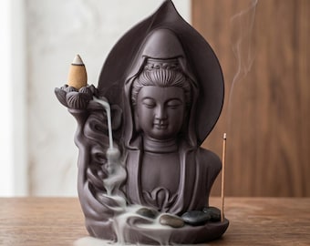 Queimador de incenso de refluxo de Buda | Decoração Zen em argila roxa, suporte para fumaça em forma de cascata de lótus