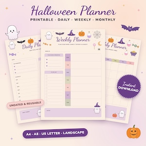 May include: A Halloween planner set featuring daily, weekly, and monthly printable templates. The pages are decorated with ghosts, pumpkins, bats, and spiderwebs in purple and orange. Text includes Halloween Planner, Daily Planner, Weekly Planner, and Instant Download.