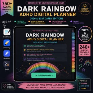 Puede incluir: Una agenda digital mostrada en la pantalla de una tableta titulada Dark Rainbow ADHD Digital Planner 2026 & 2027 Dated Editions. La interfaz presenta un gráfico de arcoíris, un botón de apertura y pestañas de navegación laterales para año, mes, semana, día, hábitos, finanzas, salud, enfoque, proyectos, notas y extras.