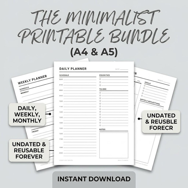 Printable Daily Planner Insert A4 A5 Bundle, Minimalist Weekly Monthly ...