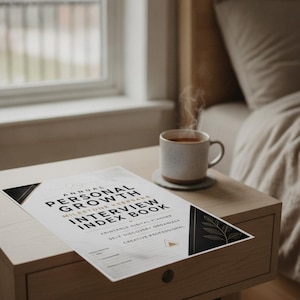 Può includere: Un documento rettangolare bianco intitolato Annual Personal Growth Milestone Keepsake Interview Index Book. La carta presenta accenti geometrici neri agli angoli, illustrazioni di foglie dorate e testo che include Printable Digital Planner, Self Discovery Organizer e Creative Professional.