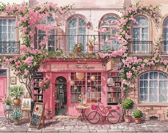 May include: A watercolor-style illustration of a pink storefront named Thee Chapter, featuring large windows, bookshelves, and a pink bicycle parked in front. The building is adorned with climbing pink bougainvillea flowers and potted plants.