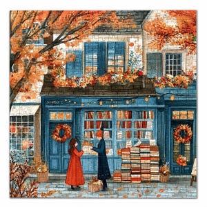 Quebra-cabeça aconchegante de livraria de outono para adultos, cena de rua outonal em aquarela, presente para amantes de livros, quebra-cabeça estilo cottagecore