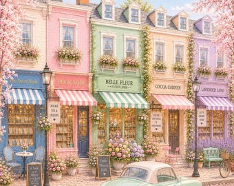 May include: A row of pastel-colored storefronts including The Novel Nook, Book Nook, Belle Fleur, Cocoa Corner, and Lavender Lane, with a light green vintage car parked on a cobblestone street lined with blooming cherry blossom trees and flower pots.
