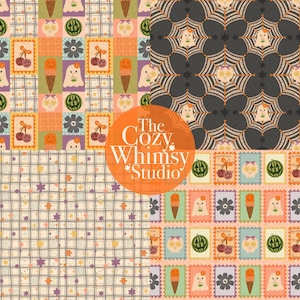 May include: A collection of four patterned digital papers. Designs include repeating patterns of stamps with cherries, ice cream cones, and ghosts, a spiderweb design, and a plaid pattern. The Cozy Whimsy Studio logo is in the center.
