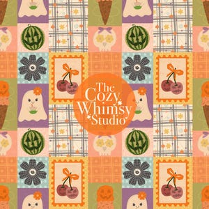 May include: A whimsical pattern featuring repeating squares with various illustrations. The design includes smiling watermelons, cherries, ice cream cones, ghosts, and flowers. The color palette is a mix of orange, green, purple, and cream, creating a playful and cheerful aesthetic. The Cozy Whimsy Studio logo is in the center.