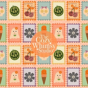 May include: A repeating pattern of postage stamp designs with Halloween and summer themes. Stamps include a skull, watermelon, cherries, ghost, flower, and ice cream cone. The text "SummerWeen" is visible on some stamps. The Cozy Whimsy Studio logo is in the centre.