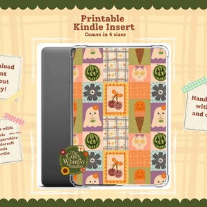 May include: A printable Kindle insert with a colorful patchwork design featuring watermelons, cherries, ice cream cones, and ghosts. The insert is compatible with various Kindle models and comes in four sizes. The text says "Download, Print, Cut out, Enjoy!"