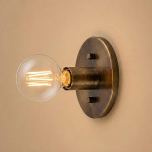 May include: A wall-mounted light fixture with a circular antique brass backplate and a cylindrical socket. A clear glass globe bulb with a visible glowing filament is attached to the socket. The text CRAFTSLIGHTS is printed on the backplate.