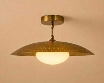 Brass Perforated Ceiling Light, Opal Glass Globe, Mid-Century Modern Semi Flush Mount