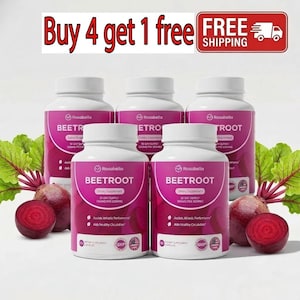 May include: Five white plastic bottles of Rosabella Beetroot dietary supplement arranged in two rows. Each bottle features a magenta label with white text, including the product name, 30 day supply, and 1800mg per serving. Fresh beetroots are placed on both sides.