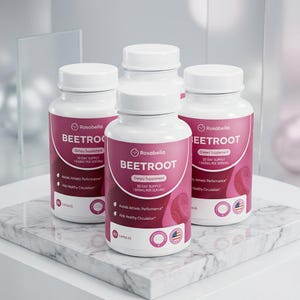 May include: Four white supplement bottles with pink labels are arranged on a marble surface. The labels read "Rosabella BEETROOT Dietary Supplement" and include details about serving size and capsules. The bottles are for athletic performance and healthy circulation.