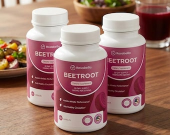3 Pcs Rosabella Organic Beetroot Capsules (180 Capsules), Support circulation, Immunity, Energy, Endurance, Packing & Stamina
