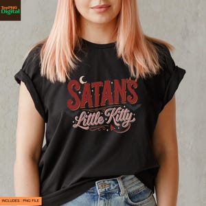 Satan's Little Kitty PNG, Cute Devil Cat T-Shirt Design, Spooky Halloween Cat Graphic, Gothic Kitty Shirt, Sublimation Digital Download