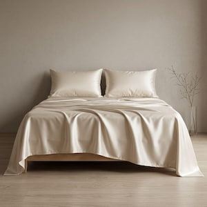 May include: A bed with a cream-colored silk sheet set. Two matching pillowcases rest on top of the bed. The sheets drape over the bed frame, creating soft folds. The room has a neutral color palette with a vase of decorative branches.