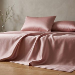 May include: A bed covered with a blush pink silk sheet set. Two matching pillowcases rest on the bed. The silk fabric drapes elegantly, creating soft folds and shadows. The bed is on a wooden floor.