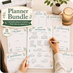 Könnte beinhalten: Ein Planer-Bundle mit sieben druckbaren Vorlagen und PNG-Dateien zur digitalen Nutzung. Das Bundle enthält einen Jahresplaner, Wochenplaner, monatlichen Gewohnheitstracker, Zielseite, monatliche Reflexionsseite und vierteljährlichen Reset-Planer.