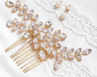 Peineta nupcial de cristal dorado, elegante tocado de boda para novias y damas de honor.