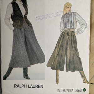 RARE Vintage 1980s Vogue 2982 Ralph Lauren Culottes Vest Blouse Pattern Size  10 unused